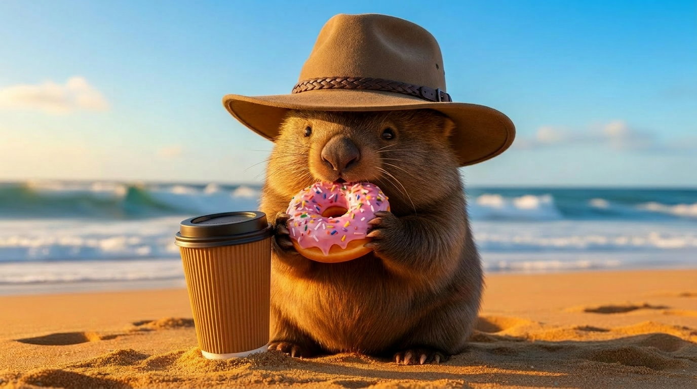 Colorful vegan donuts and coffee on the beach